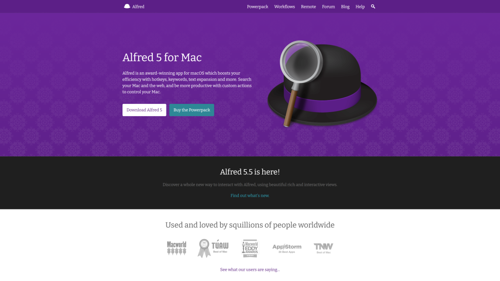 screenshot of the alfred best mac apps for productivity homepage