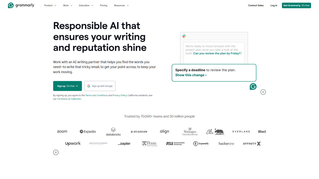 screenshot of grammarly homepage