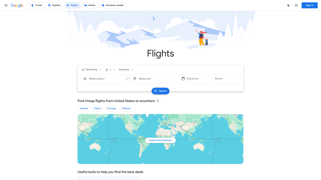 screenshot image of Google Flights search engine how to get cheap flights homepage