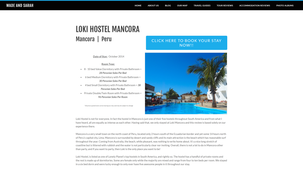 screenshot image of the Point and Loki Hostels Mancora homepage