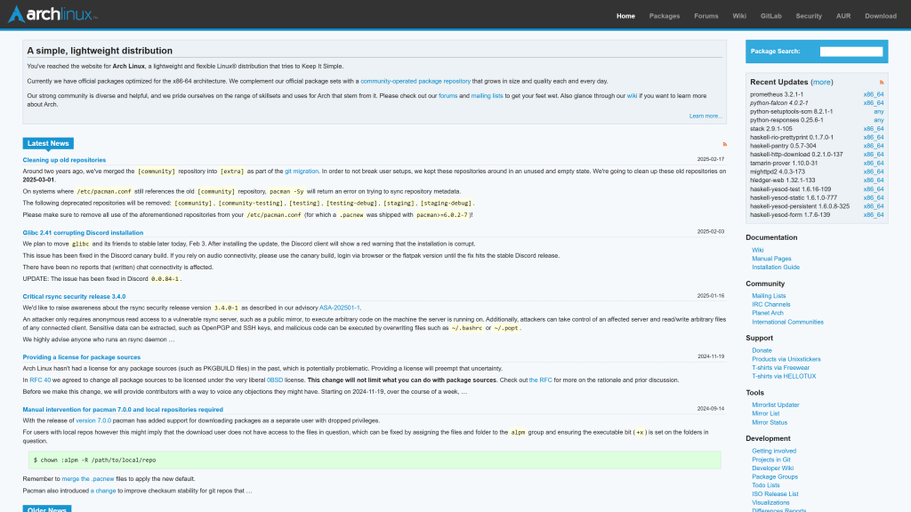 screenshot image of Arch Linux homepage