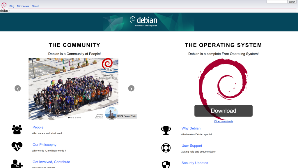 screenshot of debain homepage