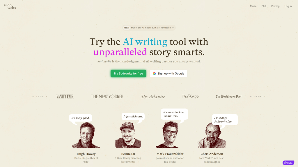screenshot image of sudowrite homepage