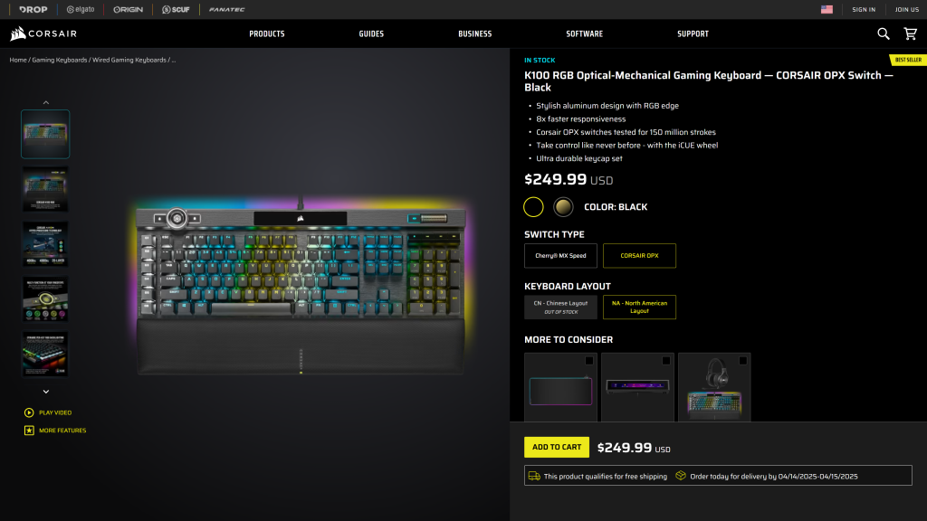screenshot of the Corsair K100 RGB homepage