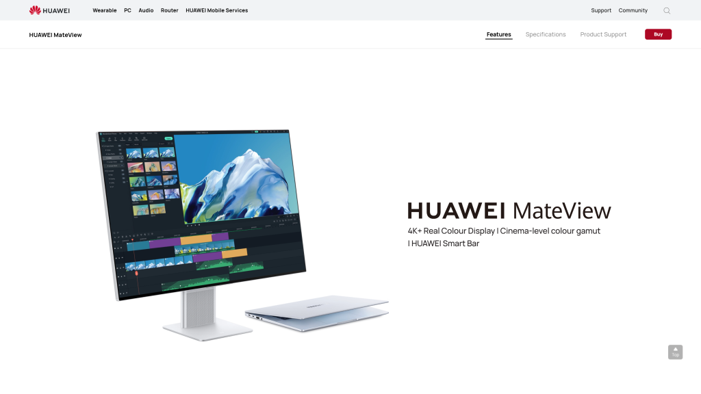 screenshot image of Huawei MateView best monitor for developers homepage