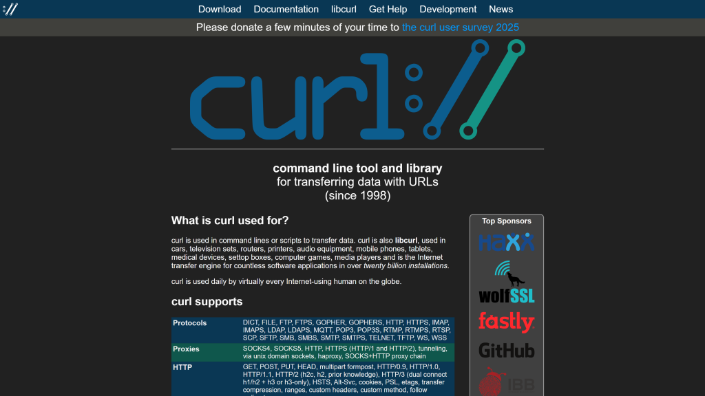 screenshot image of  cURL homepage