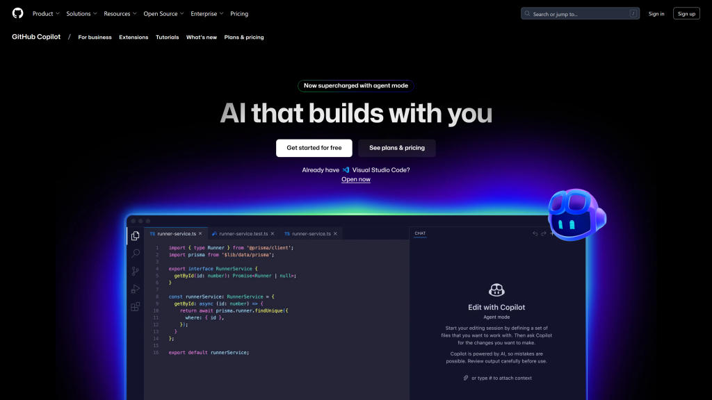screenshot image of GitHub Copilot best AI for coding homepage