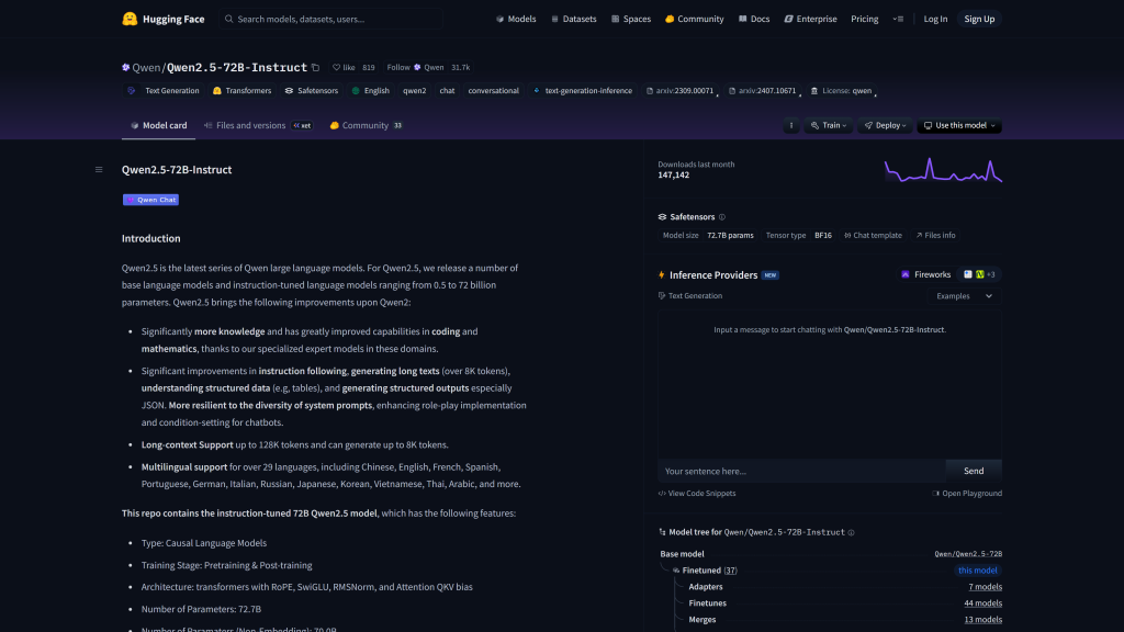 screenshot image of Qwen2.5-72B-Instruct homepage
