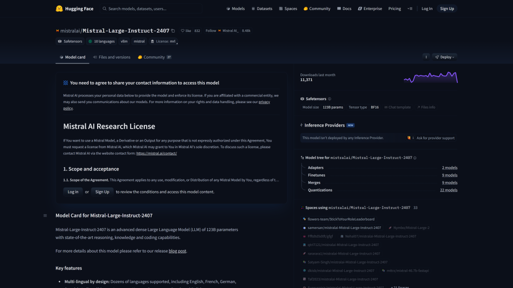 screenshot image of Mistral-Large-Instruct-2407 homepage