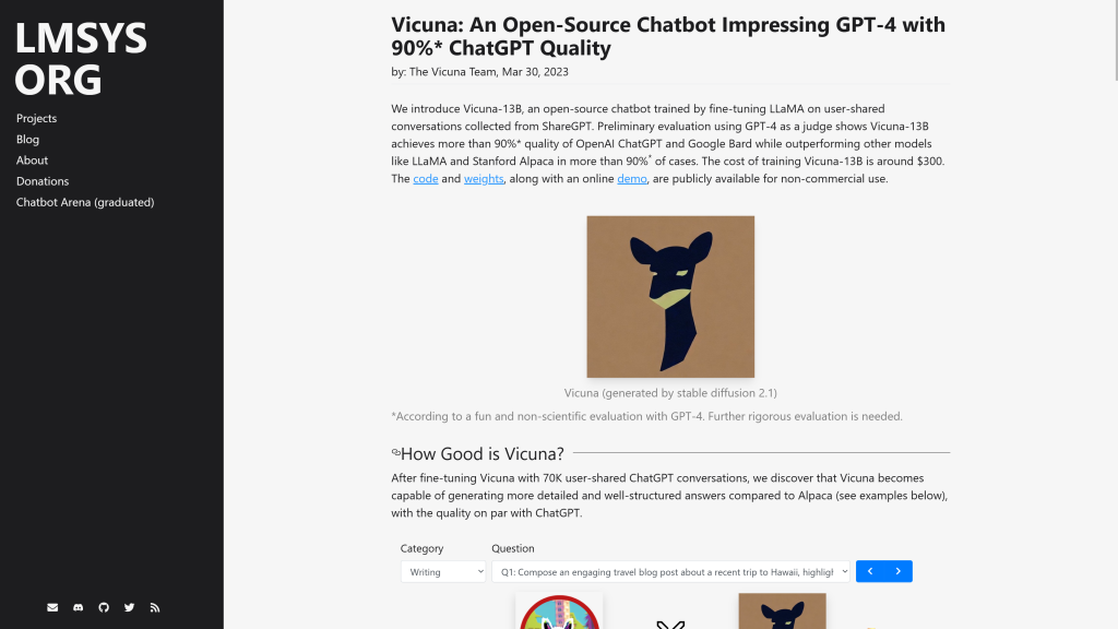 screenshot image of Vicuna-13B v1.5 best open-source LLM homepage