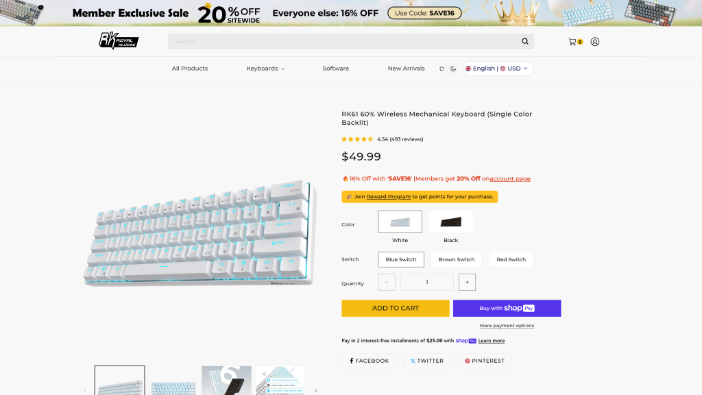 screenshot image of Royal Kludge RK61 homepage