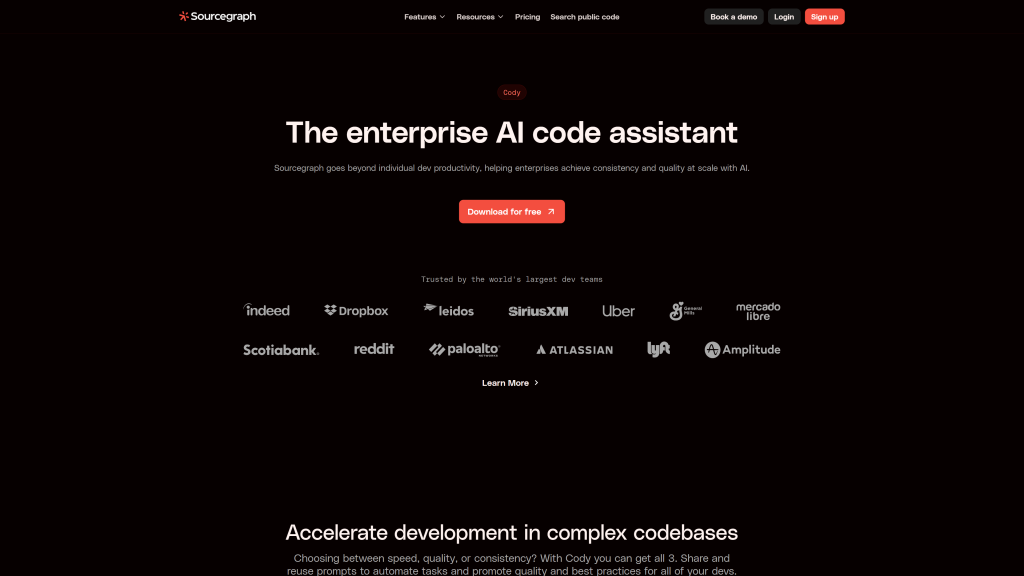 screenshot image of  Cody best AI for coding homepage