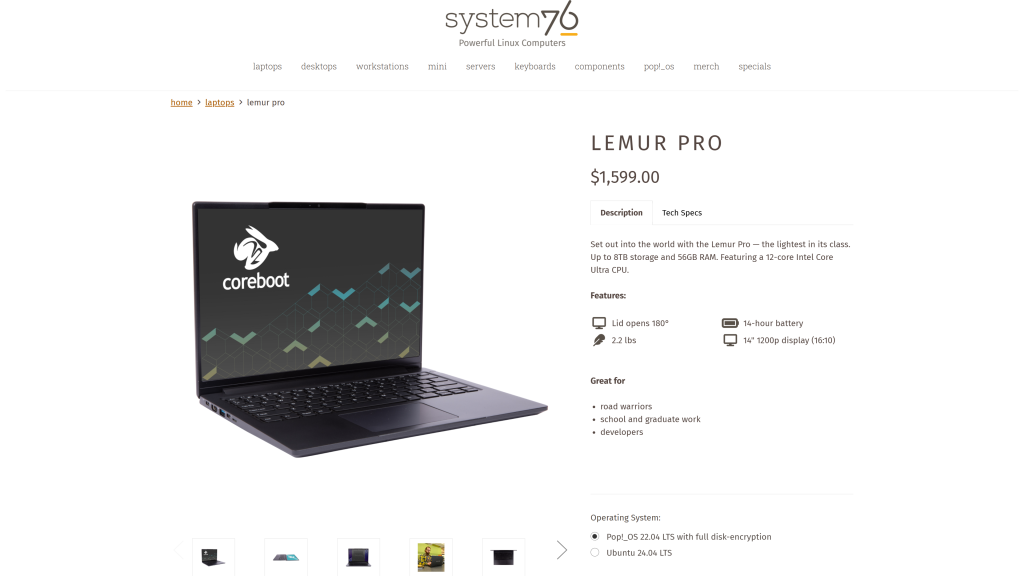 screenshot image of System76 Lemur Pro homepage