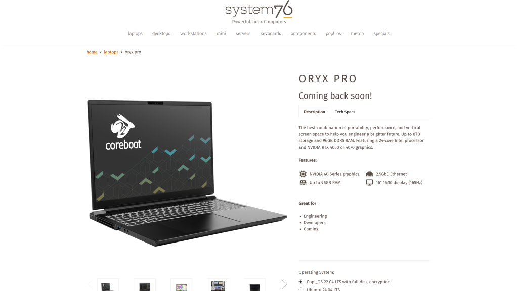 screenshot image of System76 Oryx Pro best linux laptop for developers homepage