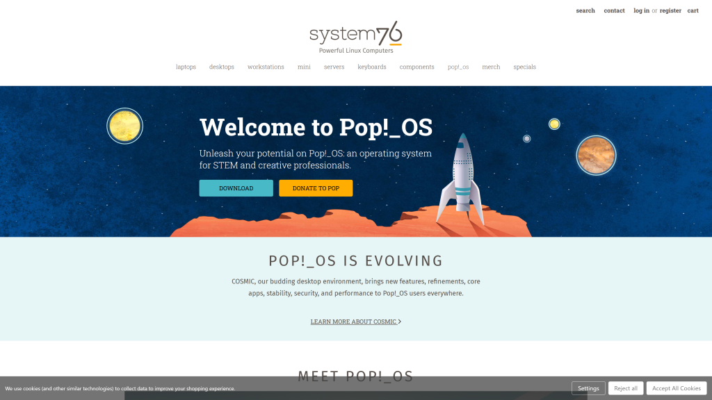 screenshot of Pop!_OS homepage
