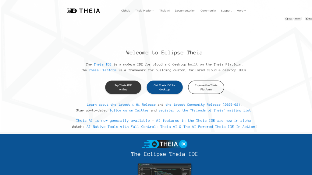 screenshot image of Theia homepage