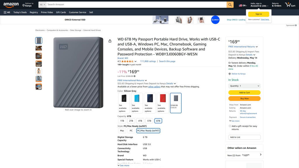 screenshot image of WD My Passport USB-C [6TB] homepage