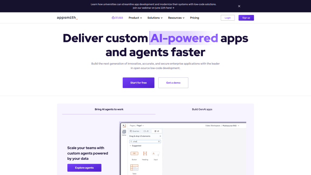 screenshot image of Appsmith best open source software homepage