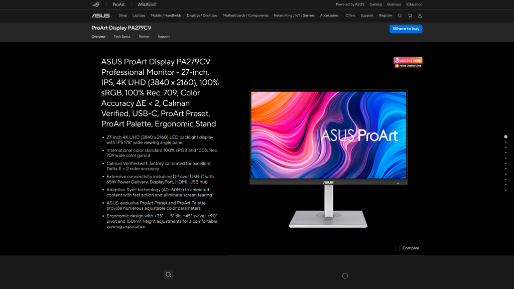 screenshot image of Asus ProArt PA279CV homepage