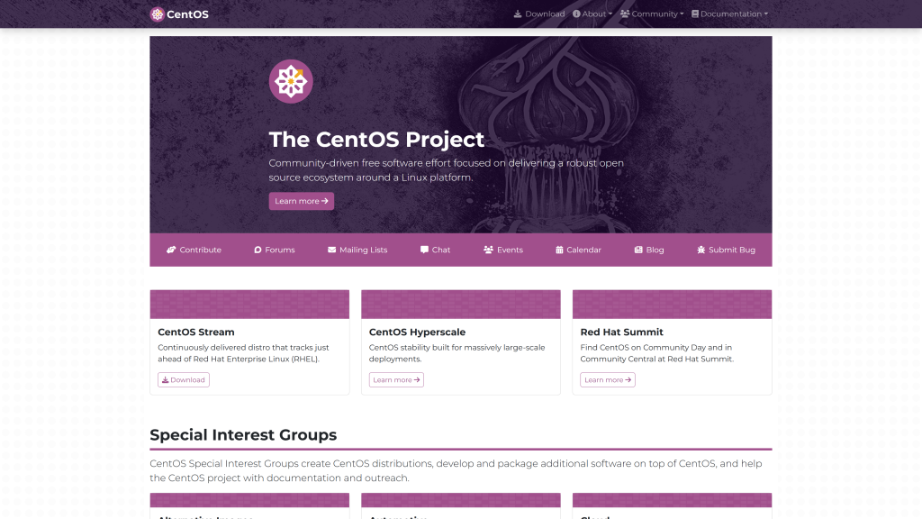 screenshot of the CentOS homepage