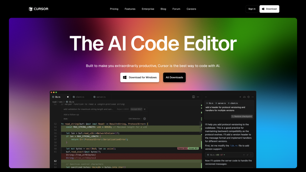screenshot image of Cursor AI  homepage