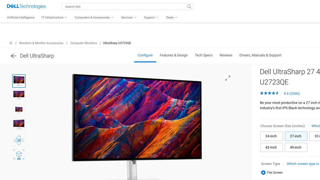 screenshot image of Dell UltraSharp 27 4K USB-C Hub Monitor (U2723QE) homepage