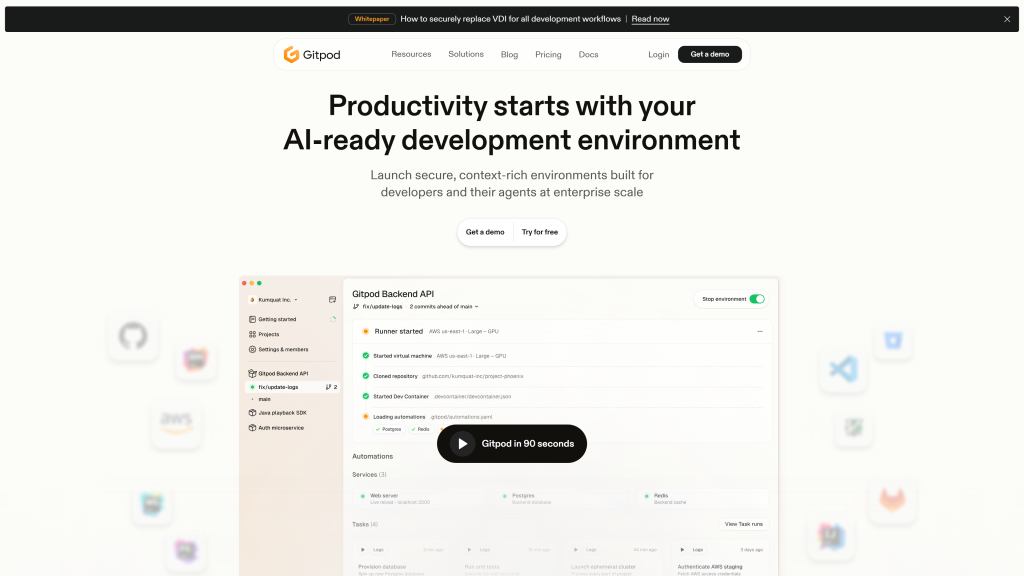 screenshot image of Gitpod homepage