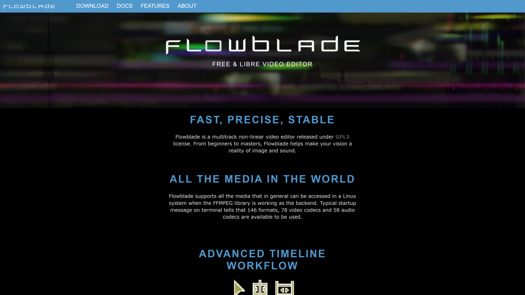 screenshot image of Flowblade best open source video editor homepage