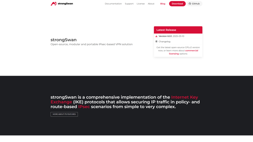 screenshot image of strongSwan best open source vpn homepage