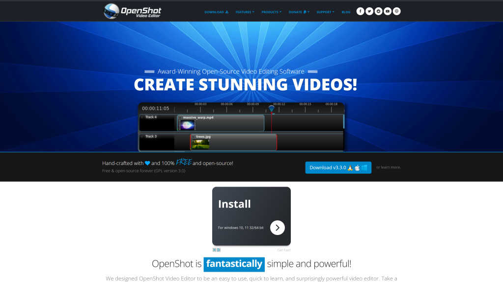 screenshot image of OpenShot homepage