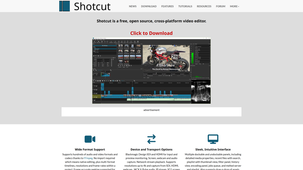 screenshot image of Shotcut best open source video editor homepage