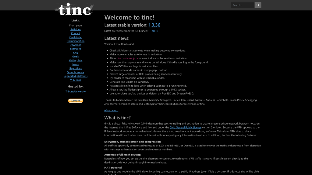 screenshot image of Tinc best open source vpn homepage