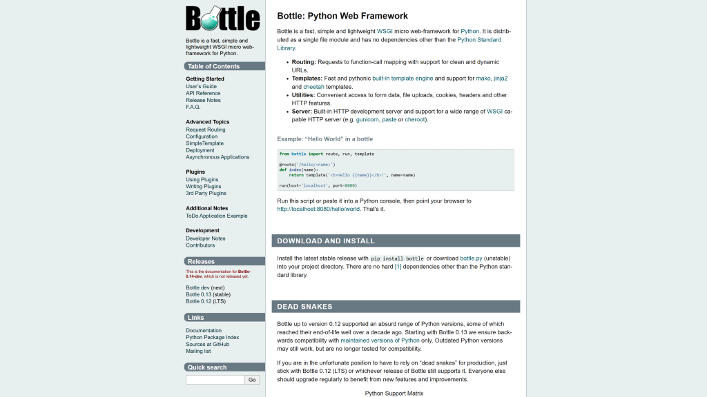 screenshot image of Bottle best python frameworks homepage
