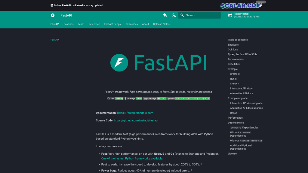 screenshot image of FastAPI homepage