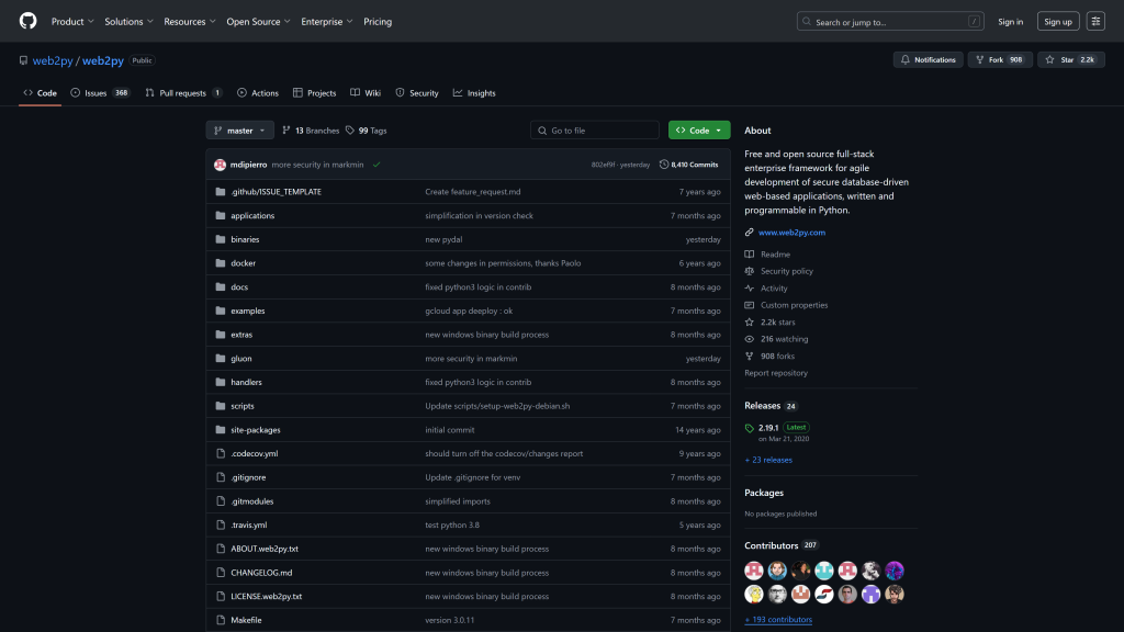 screenshot image of Web2py best python frameworks homepage