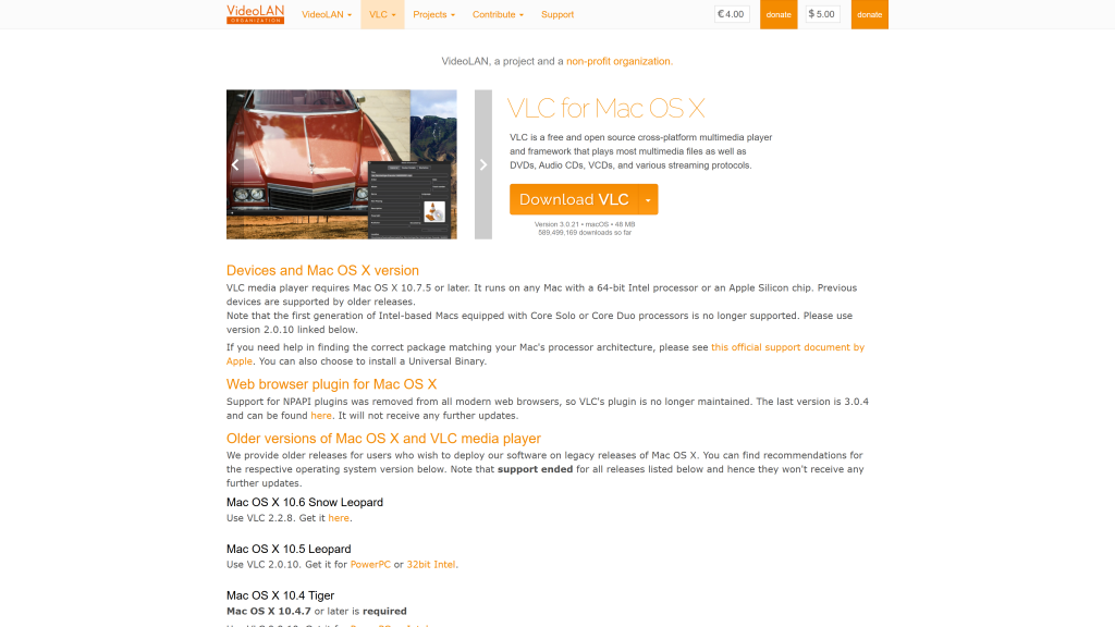 screenshot image of VLC homepage
