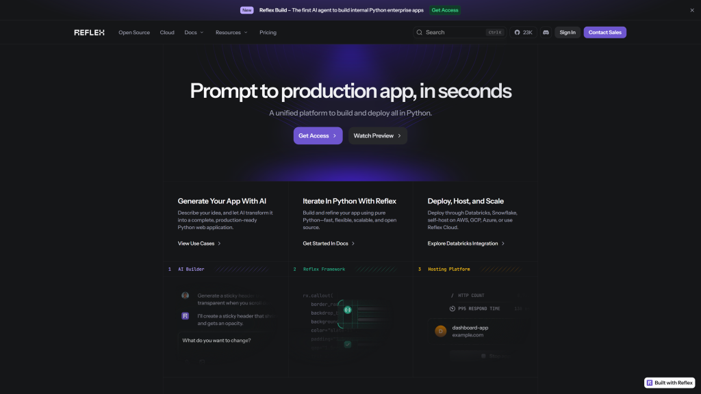 screenshot image of Reflex best python frameworks homepage