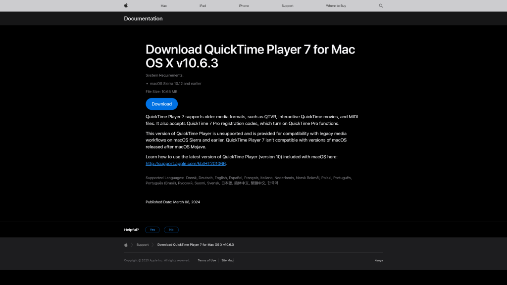 screenshot image of QuickTime homepage