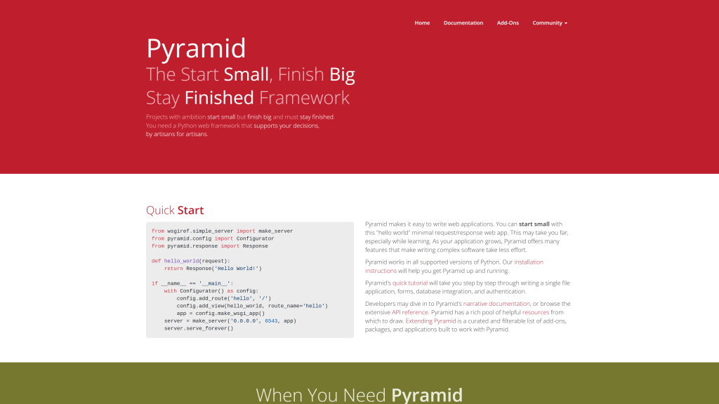 screenshot image of Pyramid best python frameworks homepage